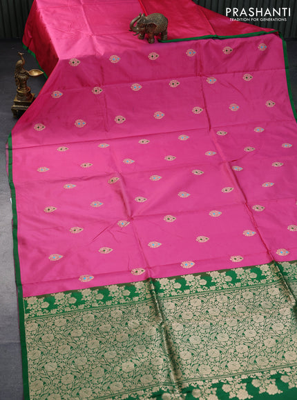 Banarasi katan silk saree pink and green with zari woven buttas and piping border