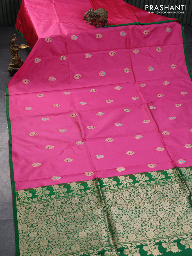 Banarasi katan silk saree pink and green with zari woven buttas and piping border