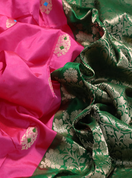 Banarasi katan silk saree pink and green with zari woven buttas and piping border