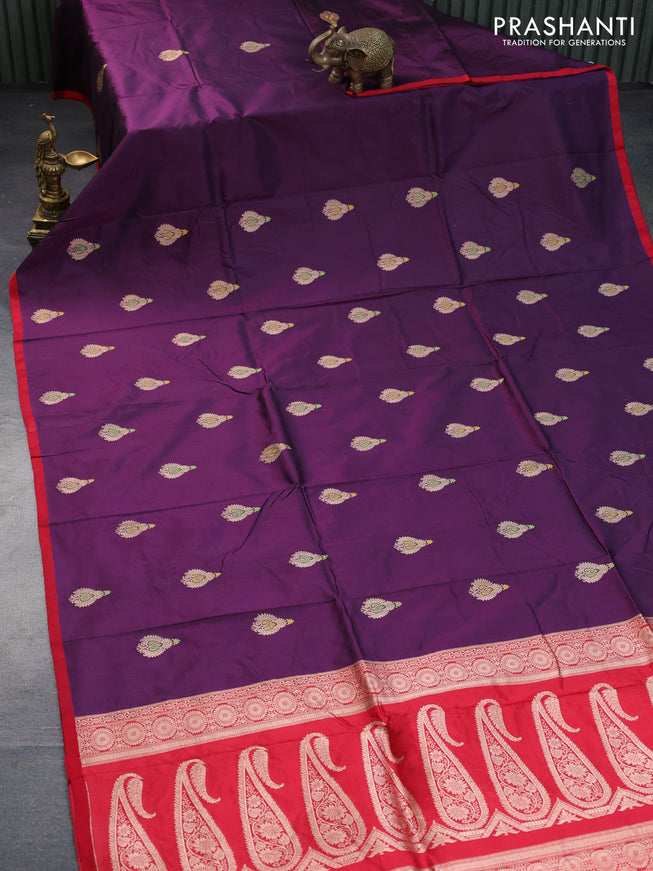 Banarasi katan silk saree deep purple and red with zari woven buttas and piping border