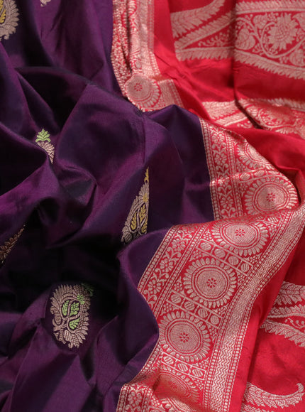 Banarasi katan silk saree deep purple and red with zari woven buttas and piping border