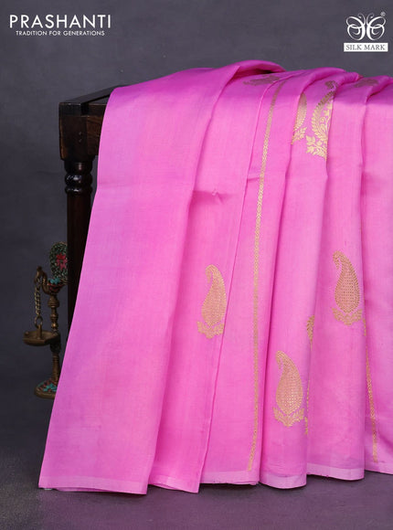 Banarasi katan silk saree light pink with zari woven paisley buttas in borderless style