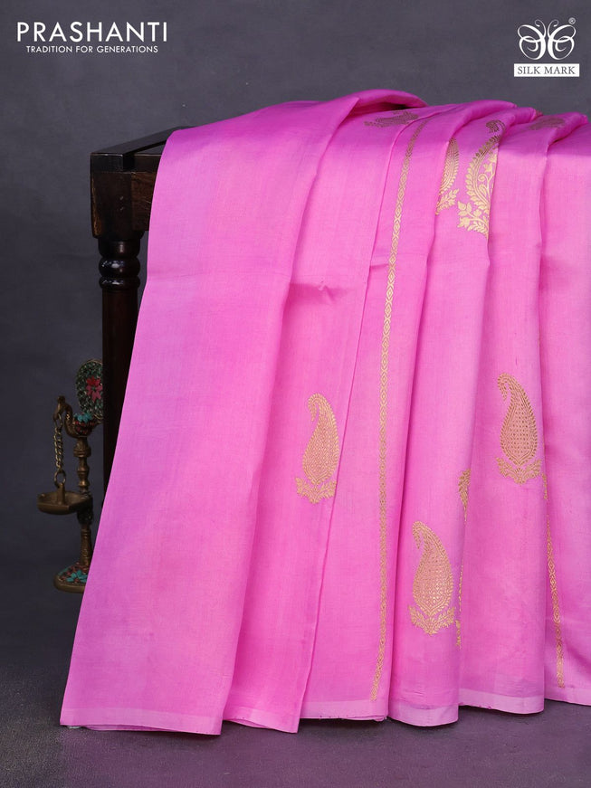 Banarasi katan silk saree light pink with zari woven paisley buttas in borderless style