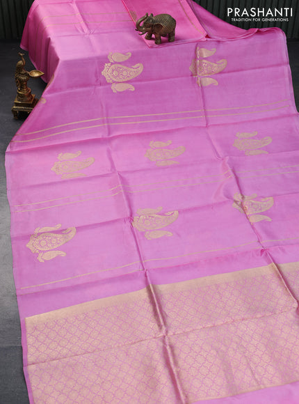 Banarasi katan silk saree light pink with zari woven paisley buttas in borderless style