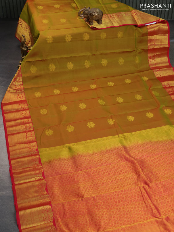 Pure kanchipuram silk saree mehedi green and pink with zari woven buttas and zari woven border