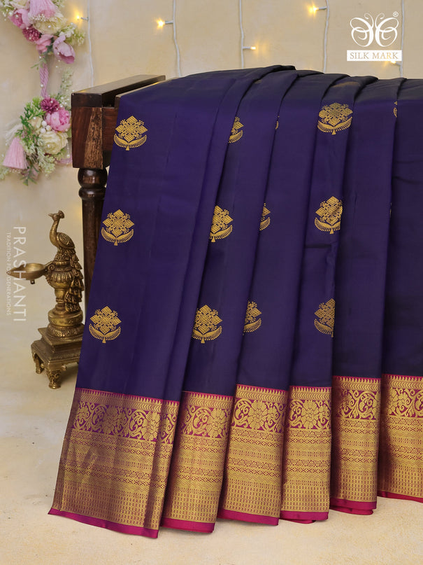 Pure kanchipuram silk saree dark blue and purple with zari woven buttas and zari woven border