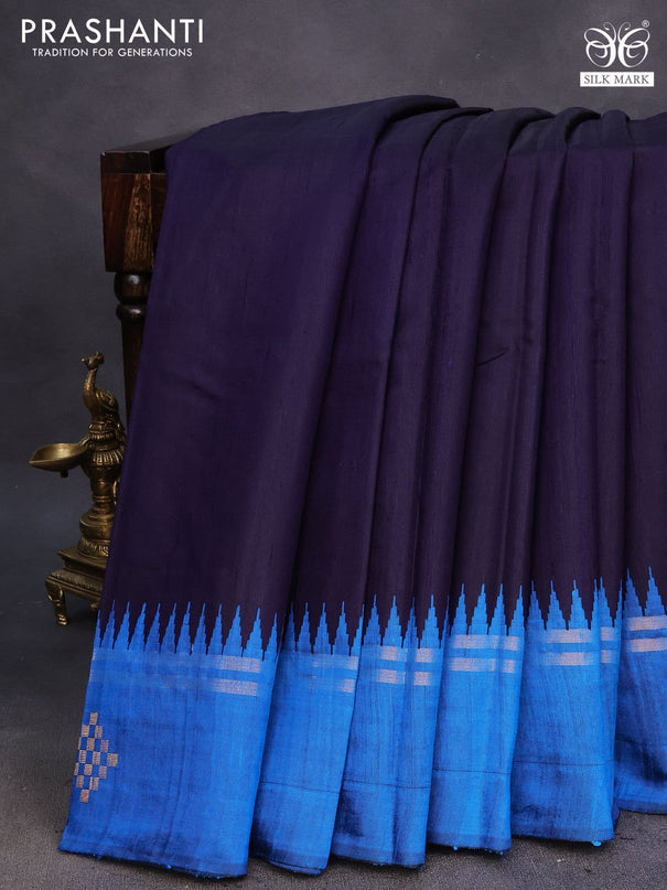 Pure dupion silk saree dark blue and cs blue with plain body and temple design zari woven butta border