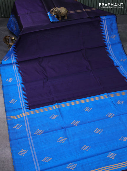 Pure dupion silk saree dark blue and cs blue with plain body and temple design zari woven butta border