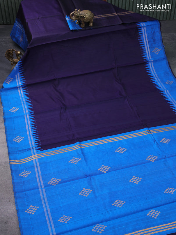 Pure dupion silk saree dark blue and cs blue with plain body and temple design zari woven butta border