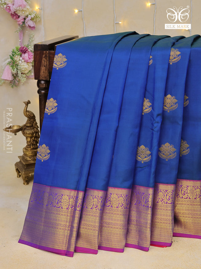 Pure kanchipuram silk saree dual shade of blue and pink with zari woven buttas and zari woven border