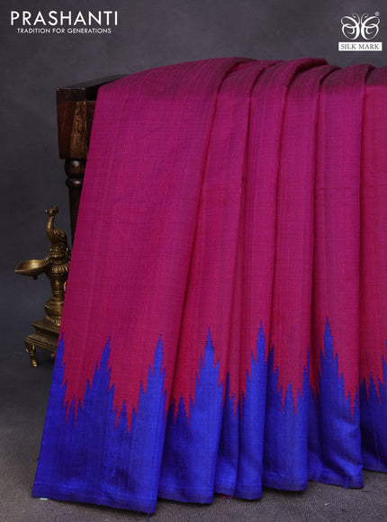 Pure dupion silk saree pink and blue with plain body and temple woven border