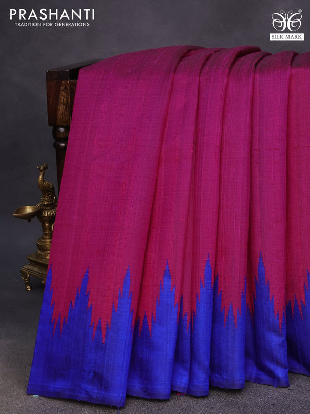 Pure dupion silk saree pink and blue with plain body and temple woven border