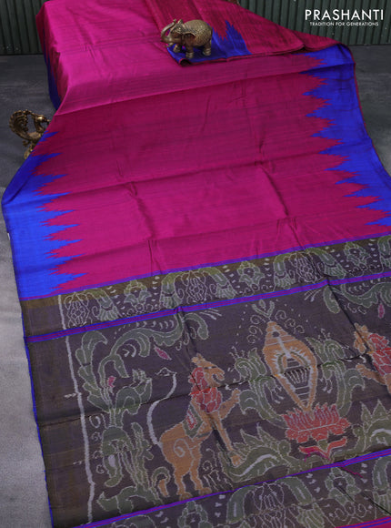 Pure dupion silk saree pink and blue with plain body and temple woven border