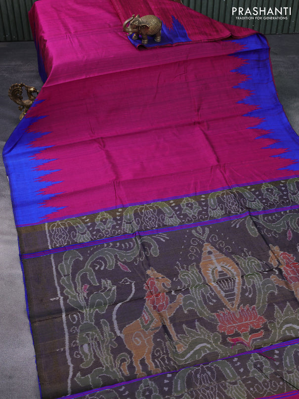 Pure dupion silk saree pink and blue with plain body and temple woven border