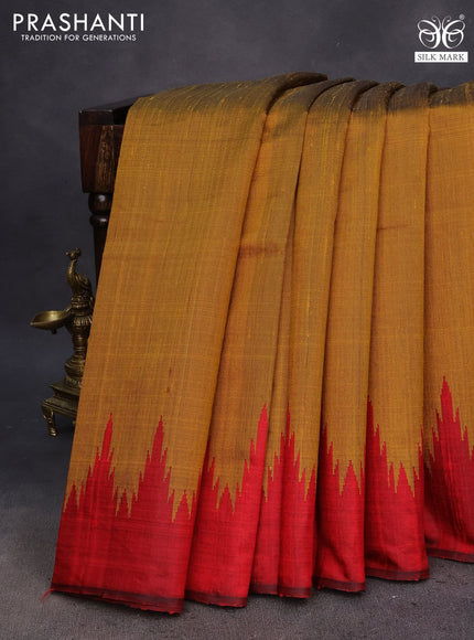 Pure dupion silk saree mustard yellow and red with plain body and temple woven border