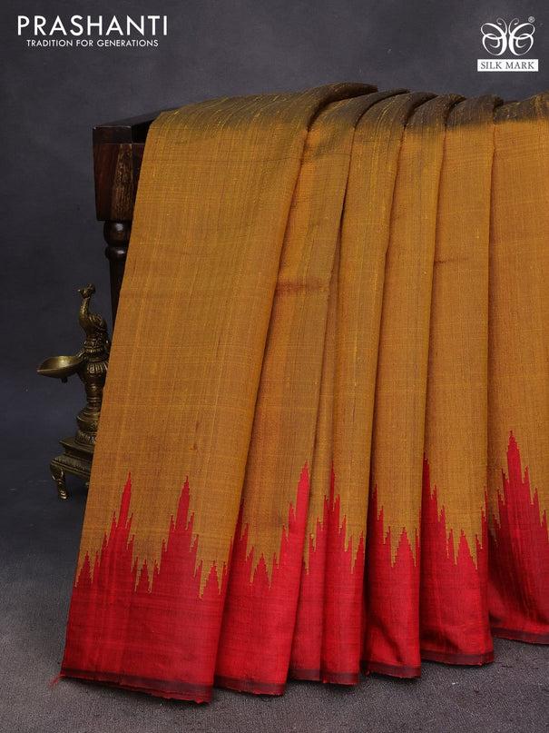 Pure dupion silk saree mustard yellow and red with plain body and temple woven border