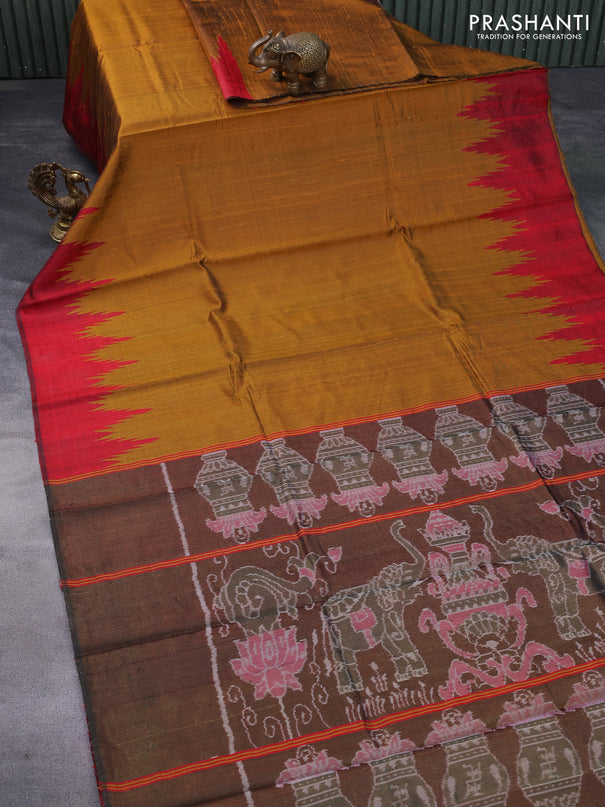 Pure dupion silk saree mustard yellow and red with plain body and temple woven border