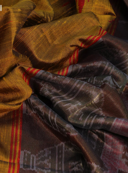 Pure dupion silk saree mustard yellow and red with plain body and temple woven border