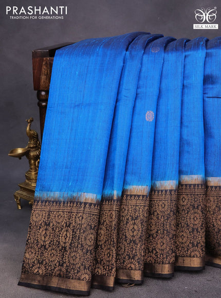 Pure dupion silk saree cs blue and black with zari woven buttas and zari woven border