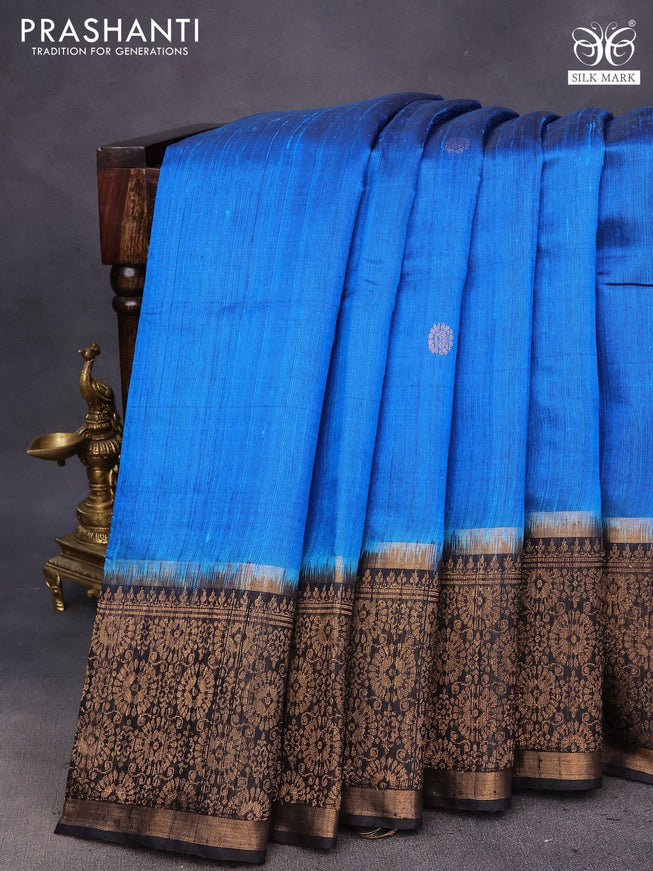 Pure dupion silk saree cs blue and black with zari woven buttas and zari woven border