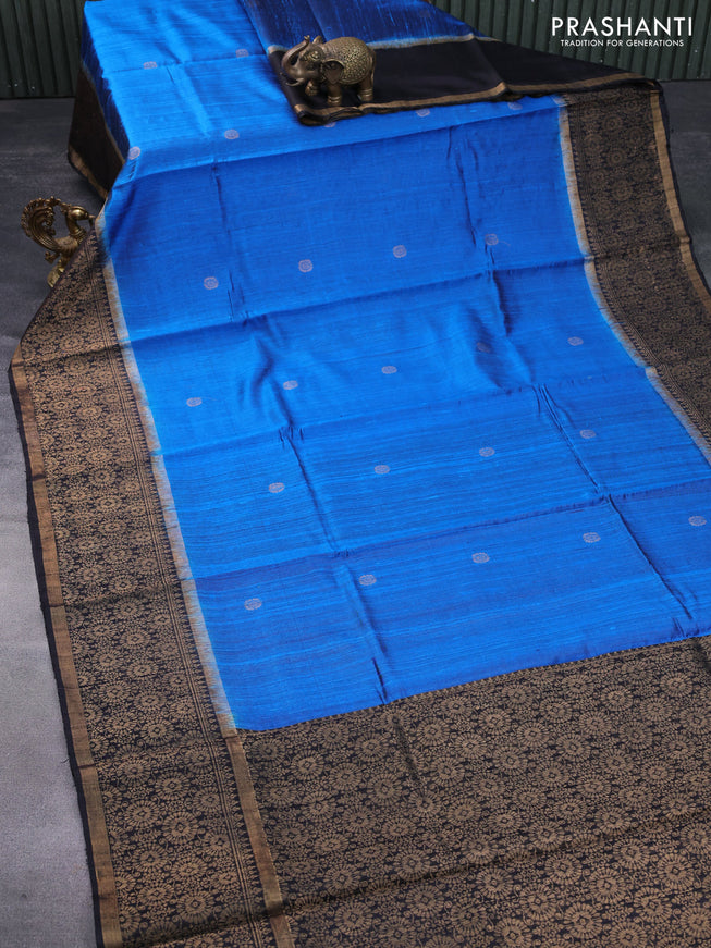 Pure dupion silk saree cs blue and black with zari woven buttas and zari woven border