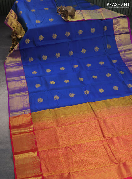 Pure kanchipuram silk saree dual shade of blue and pink with zari woven buttas and zari woven border