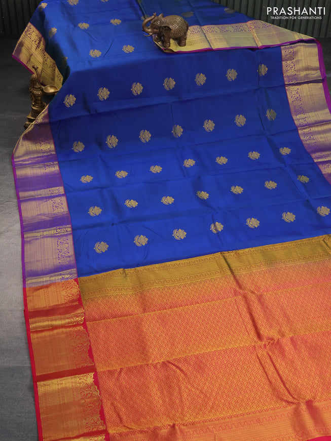 Pure kanchipuram silk saree dual shade of blue and pink with zari woven buttas and zari woven border