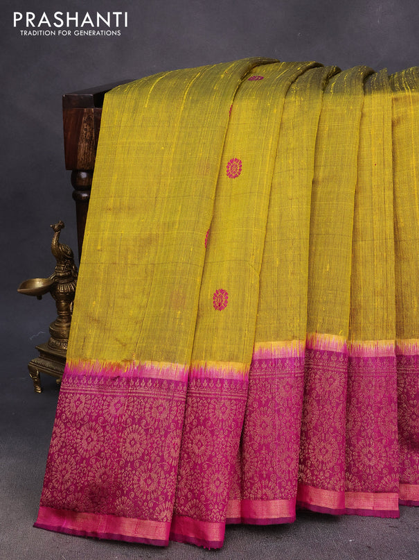 Pure dupion silk saree lime yellow and magenta pink with zari woven buttas and zari woven border