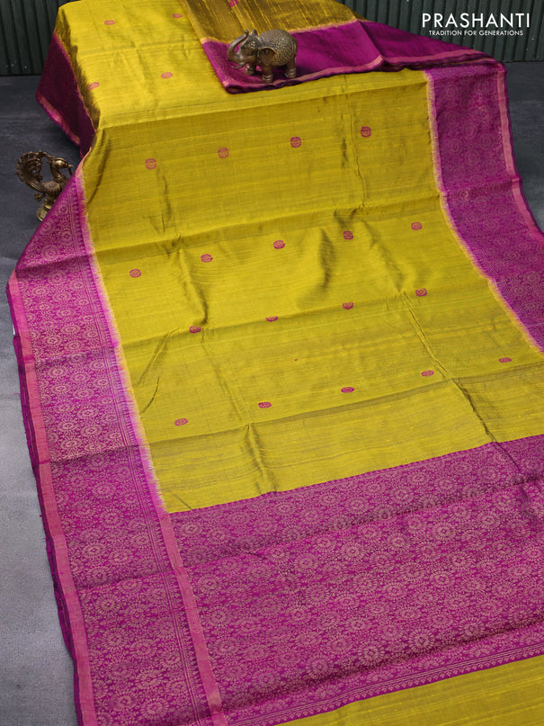 Pure dupion silk saree lime yellow and magenta pink with zari woven buttas and zari woven border