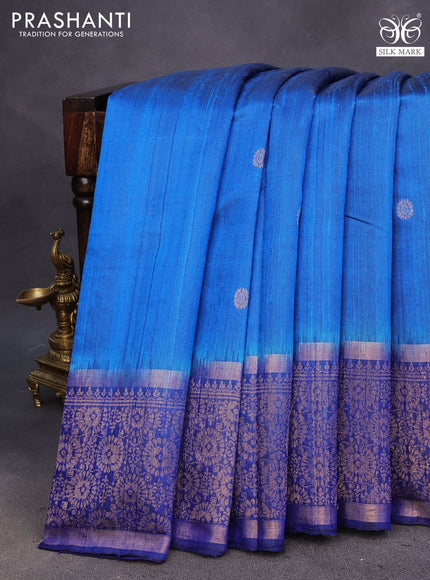 Pure dupion silk saree cs blue and blue with zari woven buttas and zari woven border