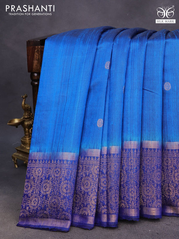 Pure dupion silk saree cs blue and blue with zari woven buttas and zari woven border