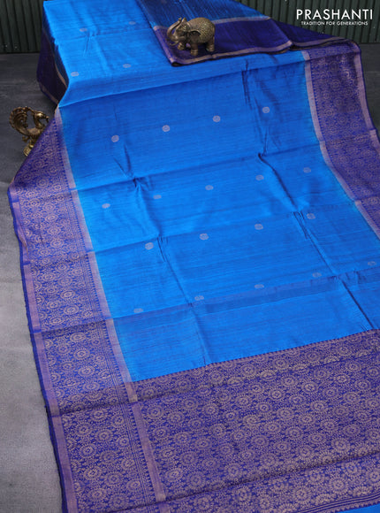 Pure dupion silk saree cs blue and blue with zari woven buttas and zari woven border