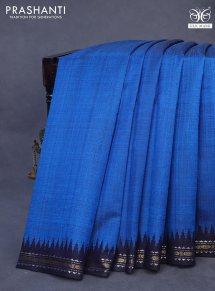 Pure dupion silk saree cs blue and dark blue with plain body and temple design zari woven border