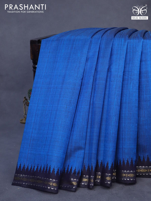 Pure dupion silk saree cs blue and dark blue with plain body and temple design zari woven border