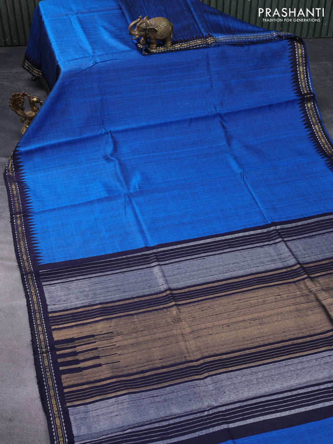 Pure dupion silk saree cs blue and dark blue with plain body and temple design zari woven border