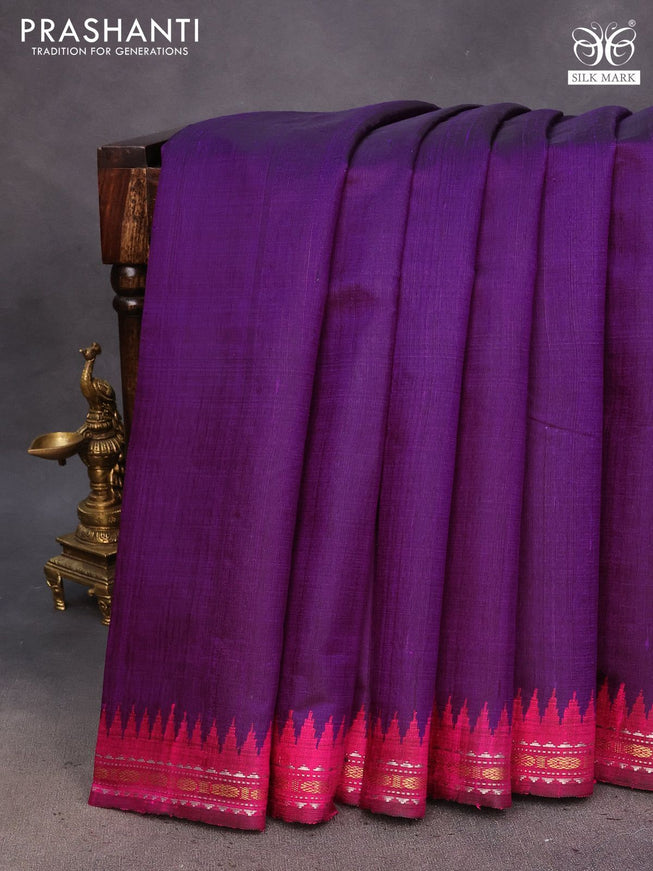 Pure dupion silk saree deep purple and pink with plain body and temple design zari woven border