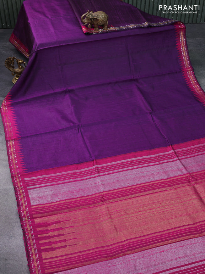 Pure dupion silk saree deep purple and pink with plain body and temple design zari woven border