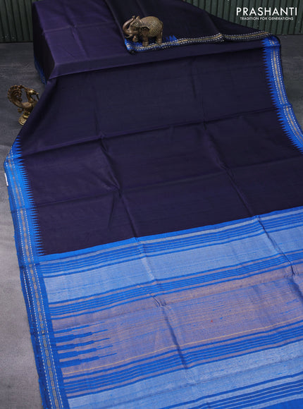 Pure dupion silk saree dark blue and cs blue with plain body and temple design zari woven border