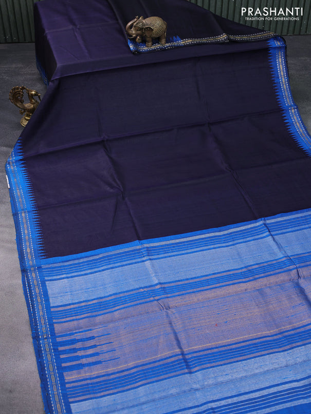 Pure dupion silk saree dark blue and cs blue with plain body and temple design zari woven border