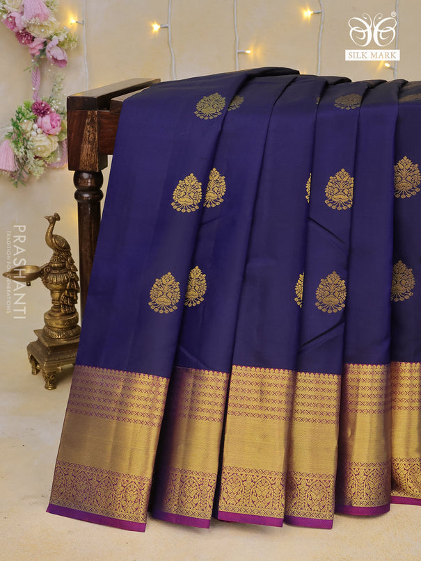 Pure kanchipuram silk saree dark blue and dual shade of purple with zari woven buttas and zari woven border