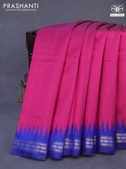 Pure dupion silk saree pink and blue with plain body and temple design zari woven border