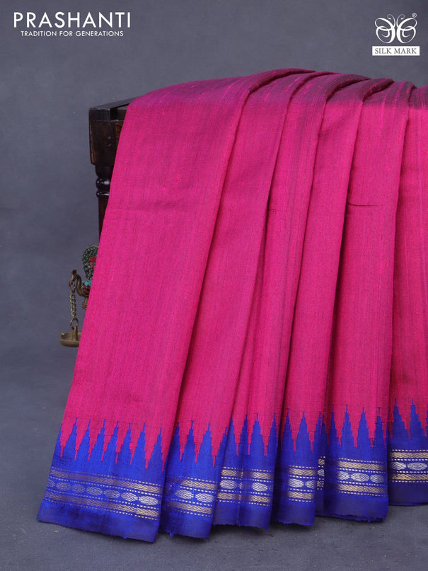 Pure dupion silk saree pink and blue with plain body and temple design zari woven border