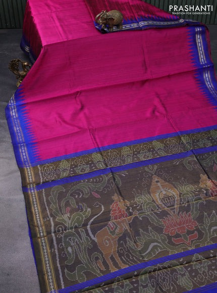 Pure dupion silk saree pink and blue with plain body and temple design zari woven border