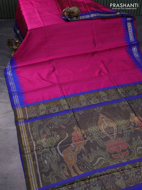 Pure dupion silk saree pink and blue with plain body and temple design zari woven border