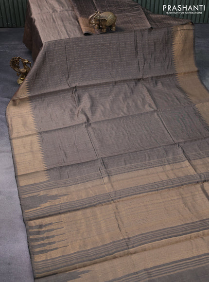 Pure dupion silk saree grey with allover zari weaves and temple design zari woven border