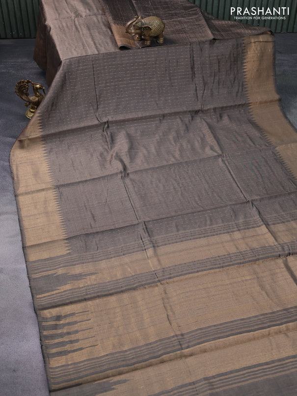 Pure dupion silk saree grey with allover zari weaves and temple design zari woven border