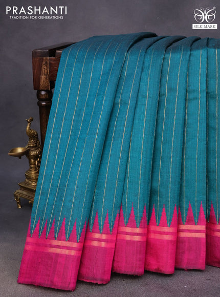 Pure dupion silk saree teal green and pink with allover zari weaves and temple design zari woven simple border