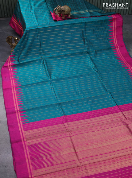 Pure dupion silk saree teal green and pink with allover zari weaves and temple design zari woven simple border