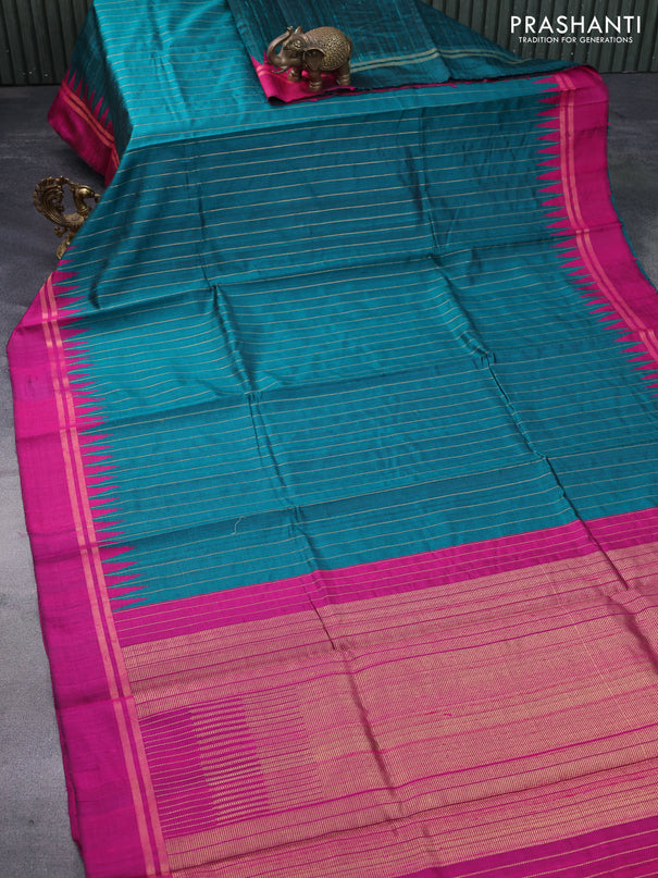 Pure dupion silk saree teal green and pink with allover zari weaves and temple design zari woven simple border