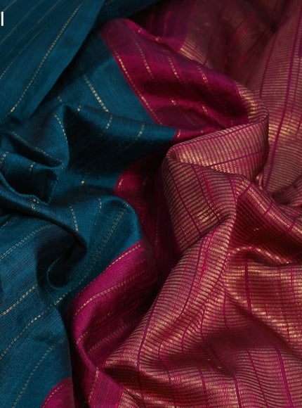 Pure dupion silk saree teal green and pink with allover zari weaves and temple design zari woven simple border